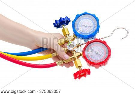 Hand Holding Gauge Station, Pressure Gauge, Manometer On White Background Isolation