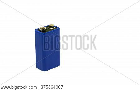 A Blue 9 Volt Battery Isolated On A White Background