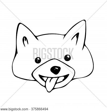 Vector Illustration Of A Drawn Head Of A Cheerful Dog. Fashionable Design Is Ideal For Childrens Clo