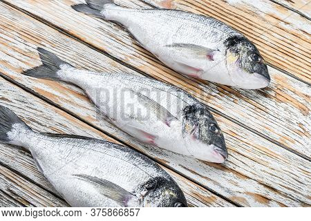 Set Of Raw Dorado Sea Bream Fish Over White Wood Table Side View.