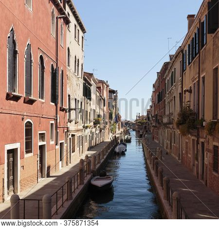 Venice / Italy - April 29: Moored Boats Line The Rio De La Fornace Canal On April 29, 2017 In Venice