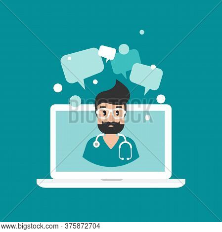 Man Doctor On The Laptop Screen. Medical Internet Consultation.