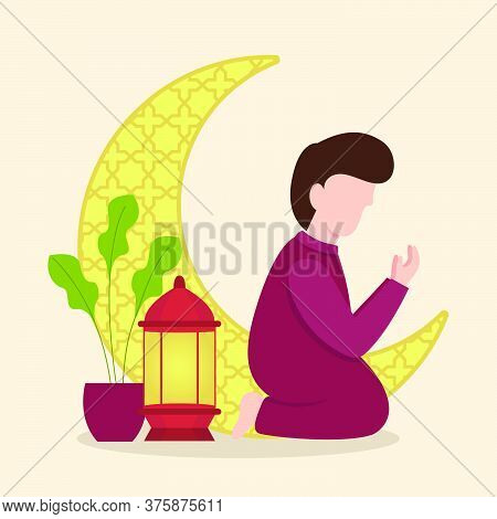 Illustration Of A Muslim Praying During Ramadan. Vector Illustration