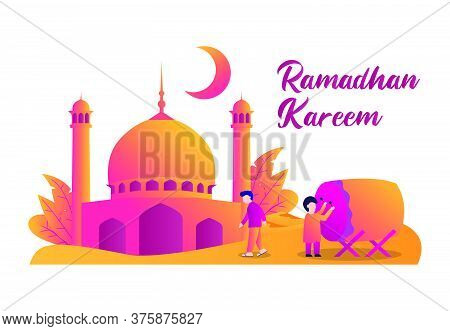 Illustration Of People Happy Mubarak. People Who Celebrate Ramadan Kareem. Vector Illustration