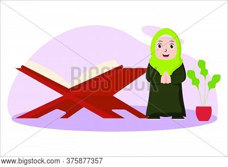 Vector Illustration Graphic Of Eid Mubarak With Muslim Girl. Perfect For Ramadan Posters, Ui, Ux. Ve