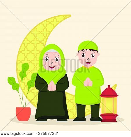 Vector Illustration Graphic Of Eid Mubarak With Muslim Couple. Perfect For Ramadan Posters, Ui, Ux. 