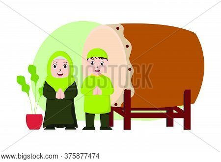 Vector Illustration Graphic Of Eid Mubarak With Muslim Couple. Perfect For Ramadan Posters, Ui, Ux. 