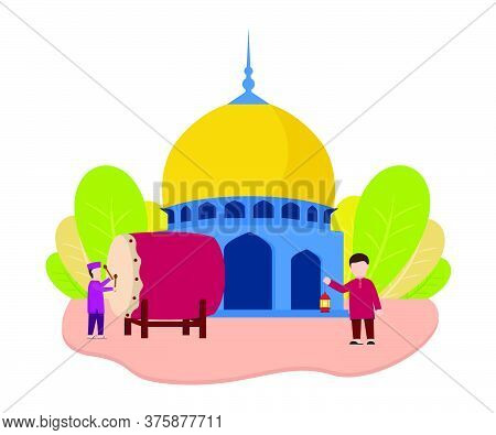 Vector Illustration Graphic Of Eid Mubarak With Muslim Man At The Mosque. Perfect For Ramadan Poster