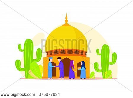 Vector Illustration Graphic Of Eid Mubarak With Muslim Couple At The Mosque. Perfect For Ramadan Pos
