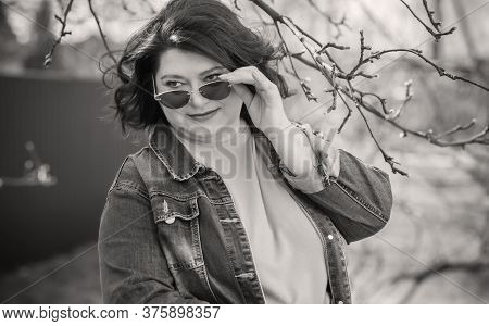 Mature Plus Size Woman, American Or European Appearance Walks And The  Enjoying Life. Lady With Exce