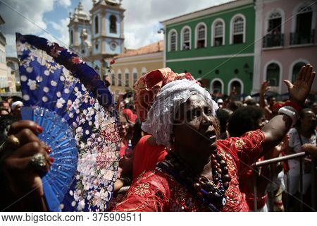 Salvador, Bahia / Brazil - December 4, 2019: Devotees Of Santa Barbara And Candombe Supporters Celeb