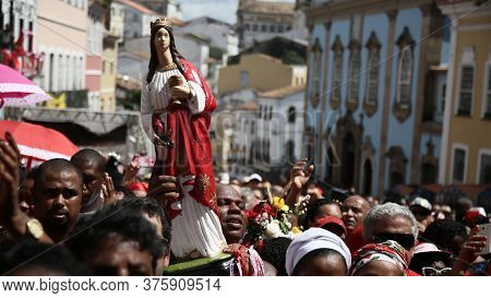 Salvador, Bahia / Brazil - December 4, 2019: Devotees Of Santa Barbara And Candombe Supporters Celeb