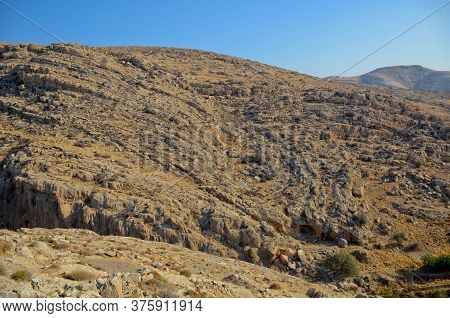 Wadi Kelt Or Nahal Prat, In The Judean Desert, Israel. Nature Reserve On A Clear Day, Blue Sky. Sele