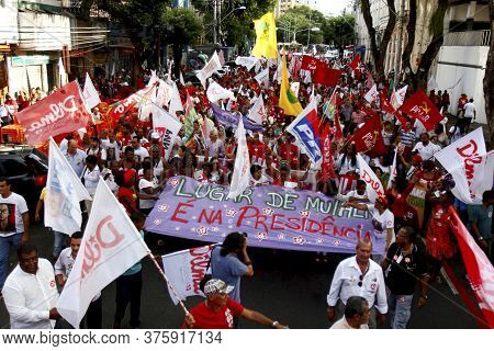 Salvador, Bahia / Brazil - October 24, 2014:
Workers' Party (pt) Militants Walk In The Center Of Sal