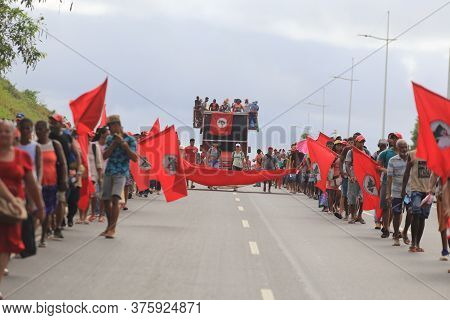 Salvador, Bahia / Brazil - April 15, 2019: Members Of The Landless Movement Are Seen During Protest 