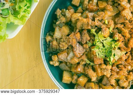 Stir Fried Pork With Onion And Garlic And Black Soy Sauce And Coriander Topping And Tofu With Vegan 