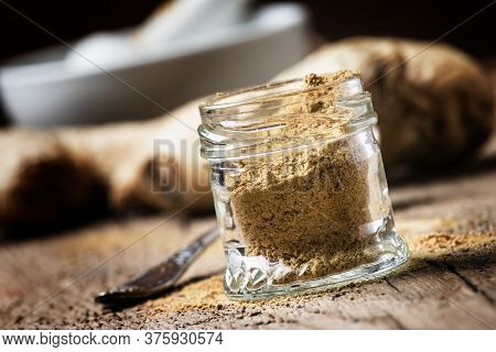Ground Ginger, Old Wooden Background, Selective Focus
