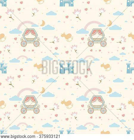 Vector Magic Pumpkin Car Fairy Tale Seamless Pattern.