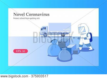 Transport Workers Spray Alcohol On The Box, Concept Of Coronavirus Quarantine Vector Illustration.