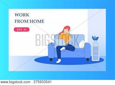 Girl With Laptop Sitting On Sofa. Work Form Home Concept. Cute Illustration In Flat Style.