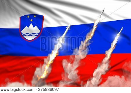 Slovenia Nuclear Missile Launch - Modern Strategic Nuclear Rocket Weapons Concept On Flag Fabric Bac