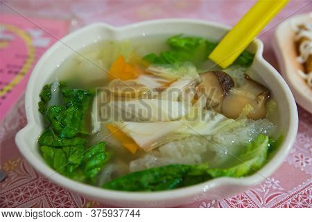 Asian Noodle Soup With Vegetables And Mushrooms, сhinese Shiitake And Cabbage, Vegetarian Dish