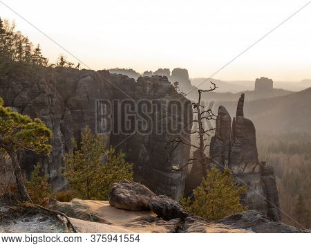 Rocks At Kleiner Zschand And  Mountain Rock Falkenstein Seen From Affensteine In Saxon Switzerland