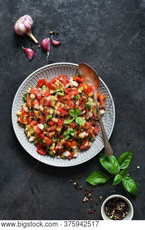Spicy Salad Of Baked Eggplant, Peppers And Tomatoes. Eggplant Caviar. Village Ratatouille.
