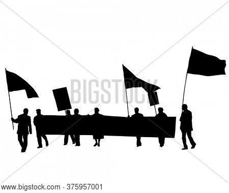 People whit flaf and banner on street. Isolated silhouettes of people on a white background