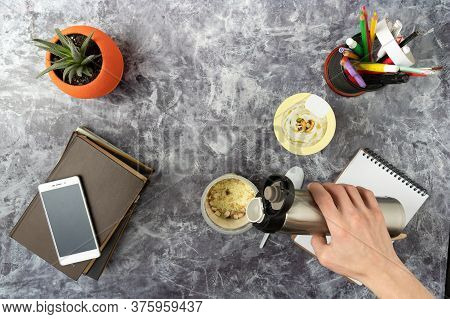 Cooking Dinner On The Desktop. Cooking Mashed Potatoes. Adding Boiling Water To Porridge. Boiling Wa