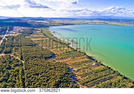 Vransko Lake And Landscape Aerial View, Dalmatia Region Of Croatia