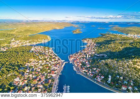 Coastal Town Of Tisno Aerial Panoramic View, Bridge To Island Of Murter, Dalmatia, Croatia