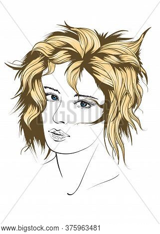 Hand Drawn Beautiful Young Woman Face. Fashion.  Beautiful Woman Face