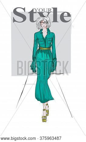 Beautiful Young Woman In Modern Style. Hand Drawn Stylish Woman Portrait. Fashion Lady. Festive Outf