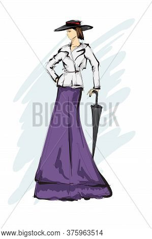 Beautiful Young Woman In Modern Style. Hand Drawn Stylish Woman Portrait. Fashion Lady. Festive Outf