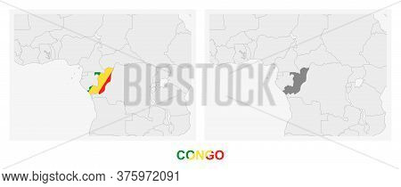 Two Versions Of The Map Of Congo, With The Flag Of Congo And Highlighted In Dark Grey. Vector Map.