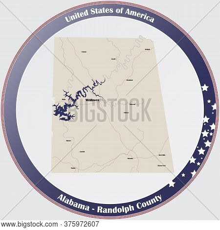 Round Button With Detailed Map Of Randolph County In Alabama, Usa.