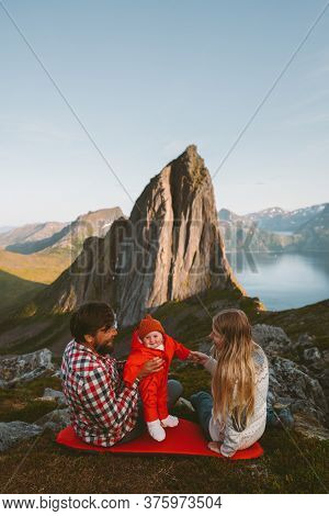 Family Vacation With Baby Couple Mother And Father Parents Traveling With Child Camping Outdoors Hea