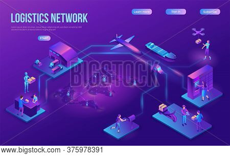 Logistics Company Landing Page, Process Of Delivering Parcel, Warehouse With Trucks And Boxes, Smart