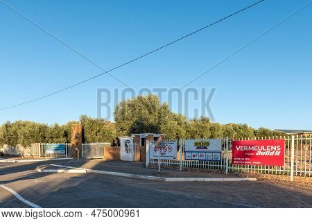Prieska, South Africa - Feb 28 2023: Entrance To The Prieska High School. Advertisement Boards Are V