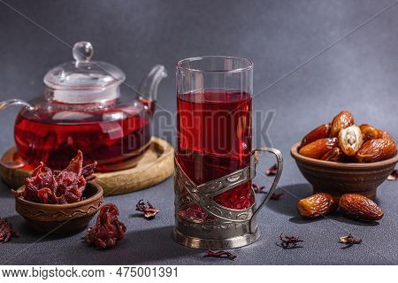 Hibiscus Hot Tea With Dates. Traditional Ramadan Kareem Concept Snack For Iftar Or Suhoor Meal
