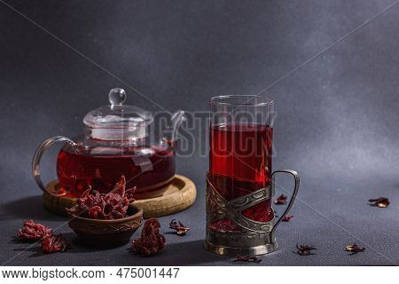 Hibiscus Hot Tea With Dates. Traditional Ramadan Kareem Concept Snack For Iftar Or Suhoor Meal