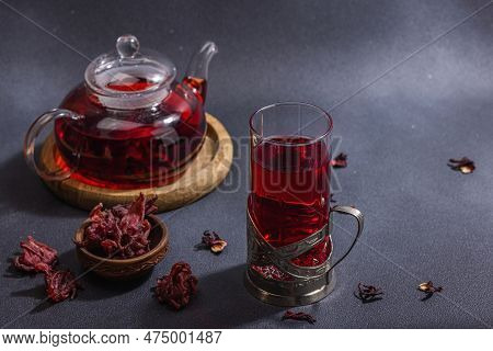 Hibiscus Hot Tea With Dates. Traditional Ramadan Kareem Concept Snack For Iftar Or Suhoor Meal