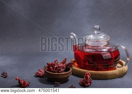 Hibiscus Hot Tea With Dates. Traditional Ramadan Kareem Concept Snack For Iftar Or Suhoor Meal