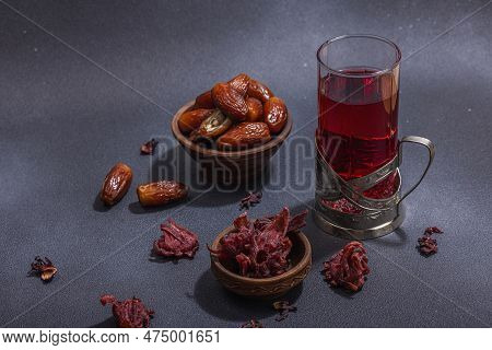 Hibiscus Hot Tea With Dates. Traditional Ramadan Kareem Concept Snack For Iftar Or Suhoor Meal