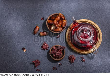 Hibiscus Hot Tea With Dates. Traditional Ramadan Kareem Concept Snack For Iftar Or Suhoor Meal