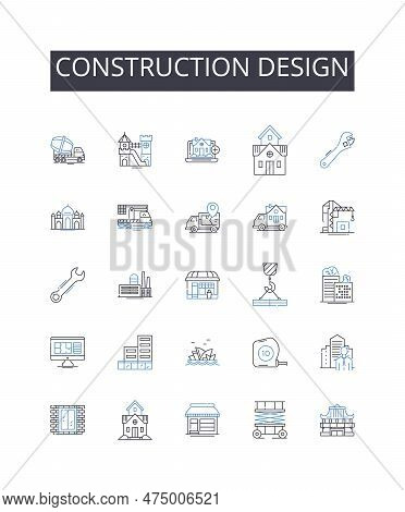 Construction Design Line Icons Collection. Building Planning, Structural Drafting, Architectural Blu