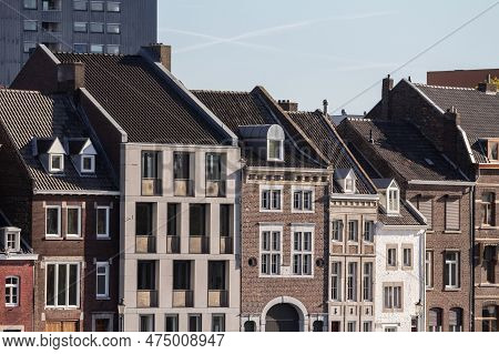 Typical Facades Of Dutch Architecture In The City Center Of Maastricht, Netherlands, With Residentia