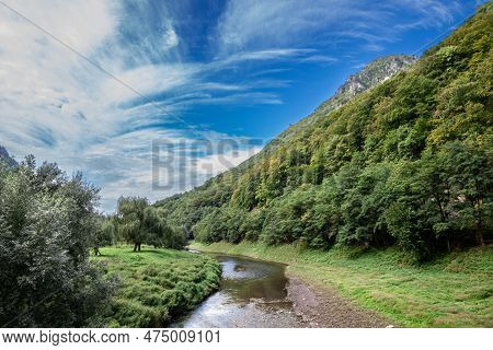 Panorama Of The River Cerna Valley, Called Valea Cerna, With A Panorama Of The Mehedinti Mountains, 