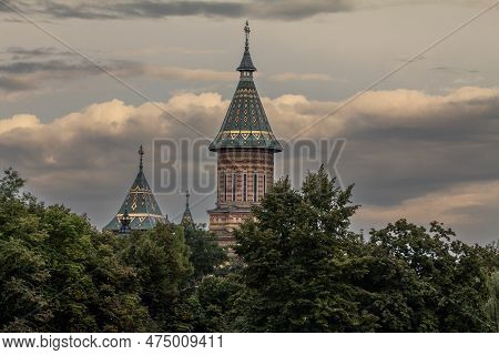 Steeple Of The Timisoara Metropolitan Cathedral, Or Catedrala Mitropolitana, At Dusk. The Metropolit